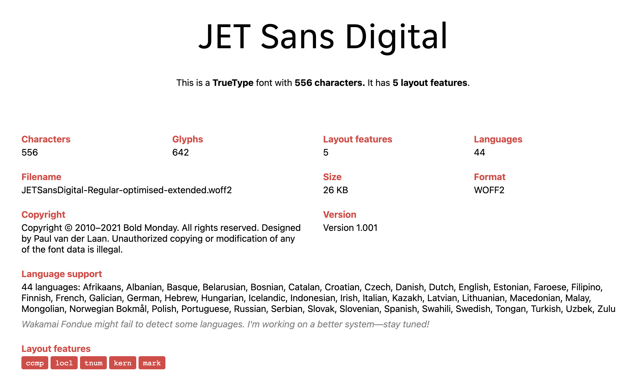 Wakamai Fondue font specification for JETSans Digital – the extended base subset