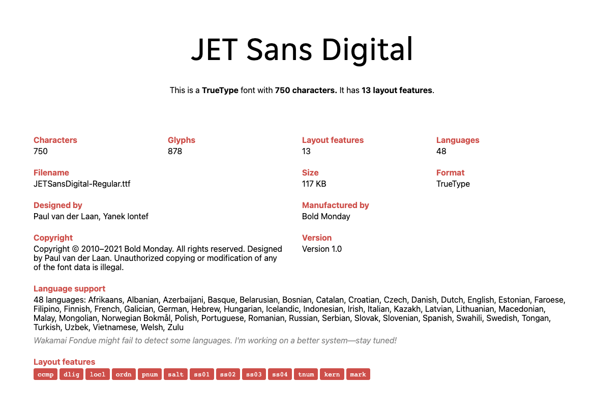 Overview of the main font specification for JETSans Digital